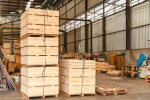 Stacks of lumber in warehouse